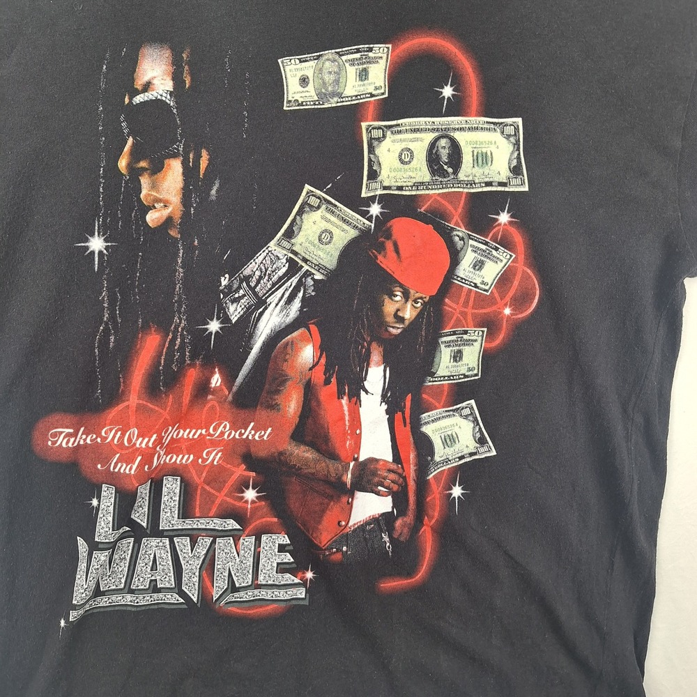 Lil Wayne Graphic T-Shirt Y2K Rap Tee Money Graphic Black Large 100% Cotton - Picture 2 of 6